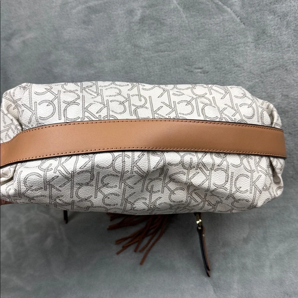 Calvin Klein Logo Print Hobo Bag in Cream and Brown